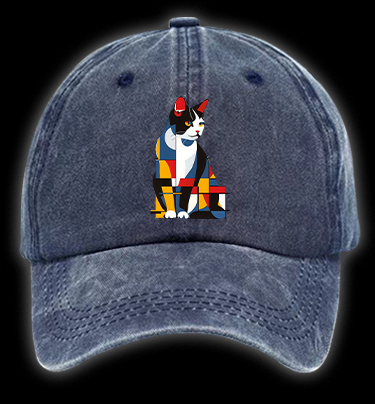 Cat's Mondrian Style Vintage Washed 100% Cotton Baseball Hat
