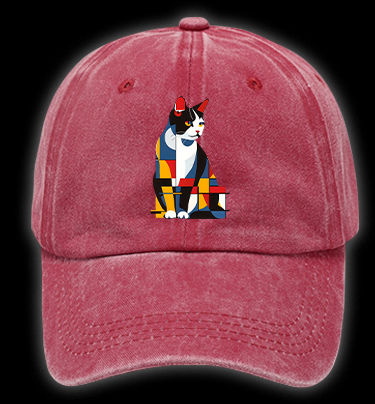 Cat's Mondrian Style Vintage Washed 100% Cotton Baseball Hat