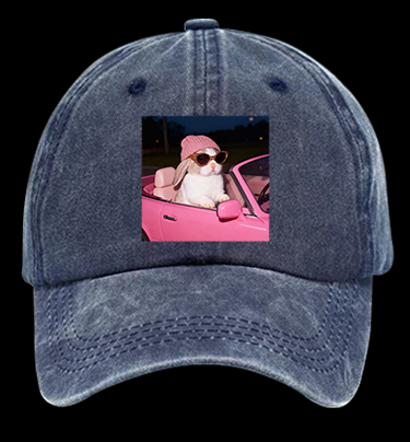 Fashion Bunny Cruising In Pink Car Vintage Washed 100% Cotton Baseball Hat