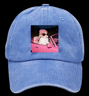 Fashion Bunny Cruising In Pink Car Vintage Washed 100% Cotton Baseball Hat
