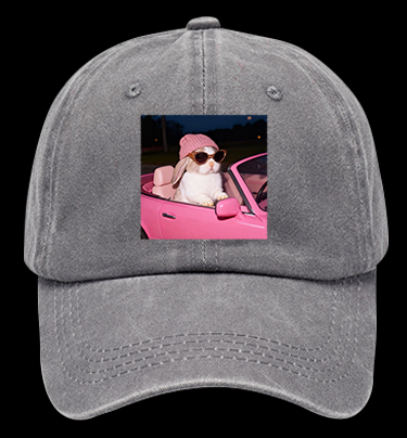 Fashion Bunny Cruising In Pink Car Vintage Washed 100% Cotton Baseball Hat
