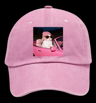 Fashion Bunny Cruising In Pink Car Vintage Washed 100% Cotton Baseball Hat