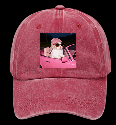 Fashion Bunny Cruising In Pink Car Vintage Washed 100% Cotton Baseball Hat