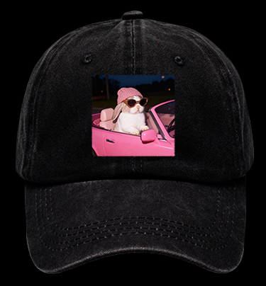 Fashion Bunny Cruising In Pink Car Vintage Washed 100% Cotton Baseball Hat