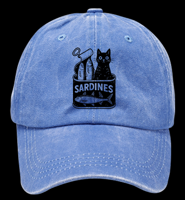 Sardines Can Black Cat Vintage Washed 100% Cotton Baseball Hat