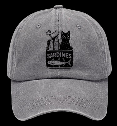 Sardines Can Black Cat Vintage Washed 100% Cotton Baseball Hat