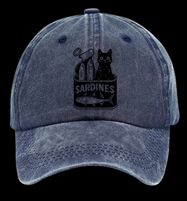 Sardines Can Black Cat Vintage Washed 100% Cotton Baseball Hat