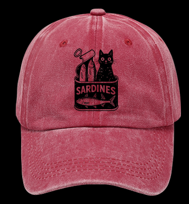 Sardines Can Black Cat Vintage Washed 100% Cotton Baseball Hat
