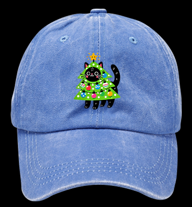 Christmas Cat Tree Vintage Washed 100% Cotton Baseball Hat