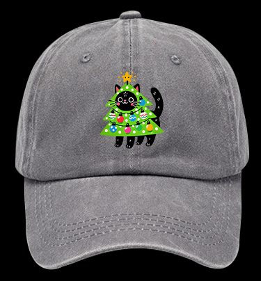 Christmas Cat Tree Vintage Washed 100% Cotton Baseball Hat