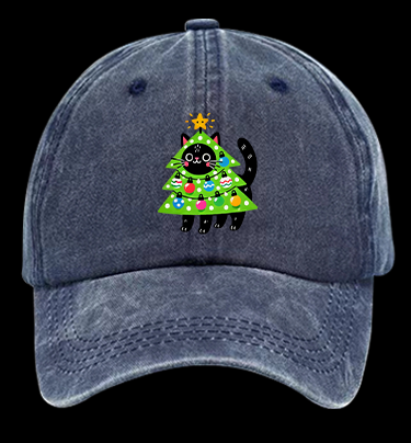 Christmas Cat Tree Vintage Washed 100% Cotton Baseball Hat