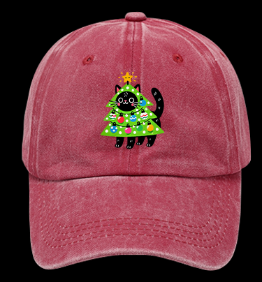 Christmas Cat Tree Vintage Washed 100% Cotton Baseball Hat