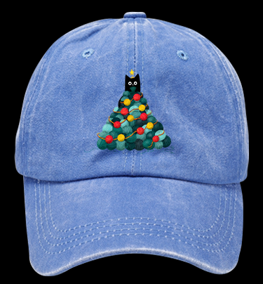 Black Cat Christmas Tree Vintage Washed 100% Cotton Baseball Hat