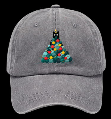 Black Cat Christmas Tree Vintage Washed 100% Cotton Baseball Hat