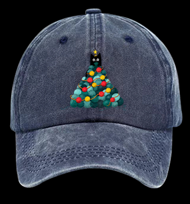 Black Cat Christmas Tree Vintage Washed 100% Cotton Baseball Hat