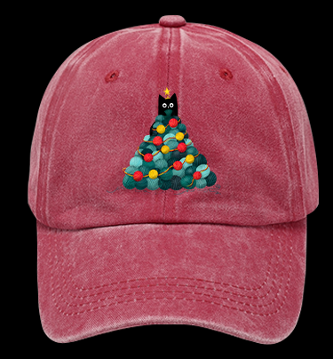 Black Cat Christmas Tree Vintage Washed 100% Cotton Baseball Hat