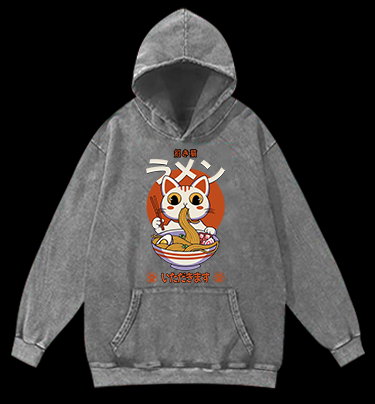 The Cat Eating Ramen Vintage Washed 100% Cotton Hoodie