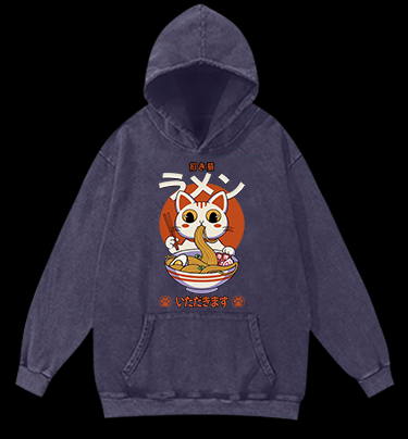 The Cat Eating Ramen Vintage Washed 100% Cotton Hoodie