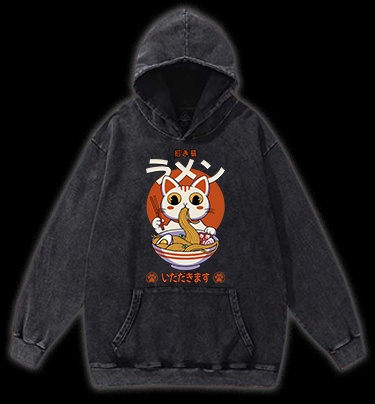 The Cat Eating Ramen Vintage Washed 100% Cotton Hoodie