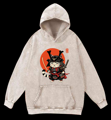 Cat Swordmaster Vintage Washed 100% Cotton Hoodie