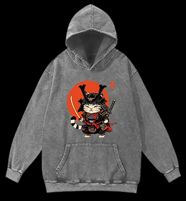 Cat Swordmaster Vintage Washed 100% Cotton Hoodie