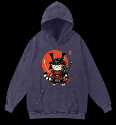 Cat Swordmaster Vintage Washed 100% Cotton Hoodie