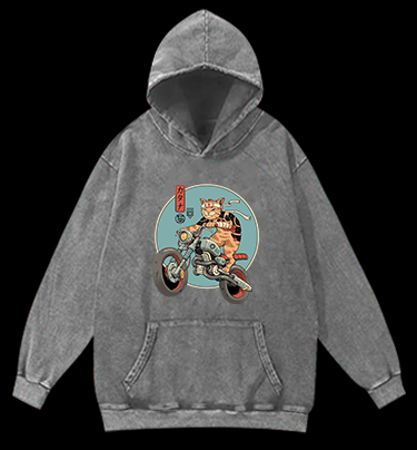 Cat Rider Vintage Washed 100% Cotton Hoodie