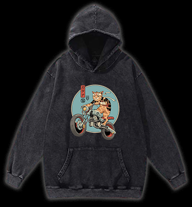 Cat Rider Vintage Washed 100% Cotton Hoodie