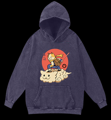 Flying Cloud Cat Vintage Washed 100% Cotton Hoodie