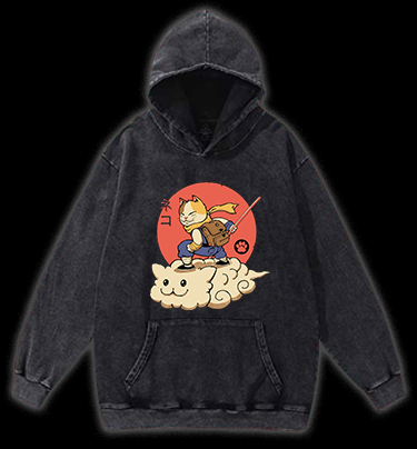 Flying Cloud Cat Vintage Washed 100% Cotton Hoodie