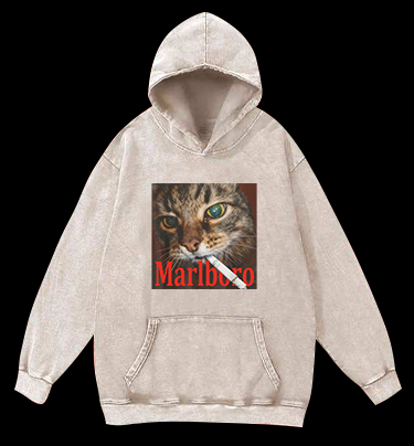 Cat With Cigarette Vintage Washed 100% Cotton Hoodie