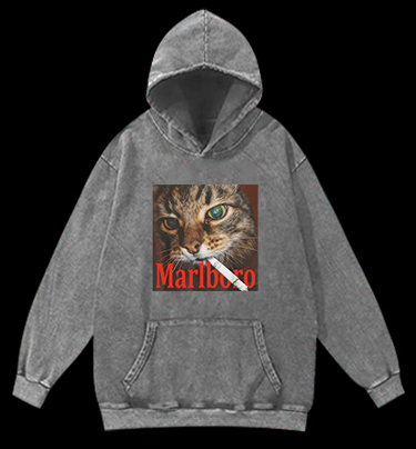 Cat With Cigarette Vintage Washed 100% Cotton Hoodie