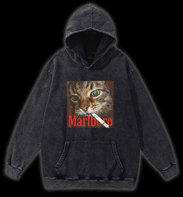 Cat With Cigarette Vintage Washed 100% Cotton Hoodie