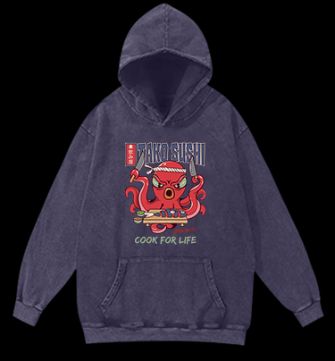 Angry Octopus Sushi Vintage Washed 100% Cotton Hoodie