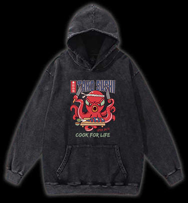 Angry Octopus Sushi Vintage Washed 100% Cotton Hoodie