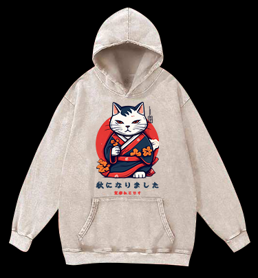 Autumn Kyoto Cat Vintage Washed 100% Cotton Hoodie