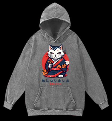 Autumn Kyoto Cat Vintage Washed 100% Cotton Hoodie