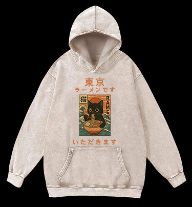 Cat with Ramen Vintage Washed 100% Cotton Hoodie