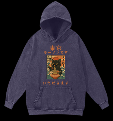 Cat with Ramen Vintage Washed 100% Cotton Hoodie