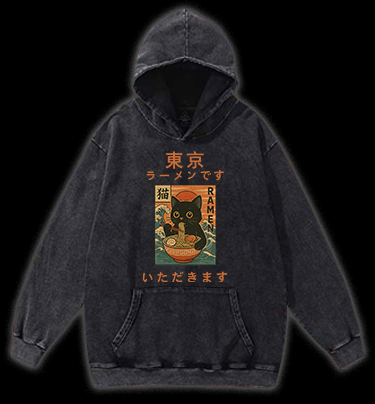 Cat with Ramen Vintage Washed 100% Cotton Hoodie
