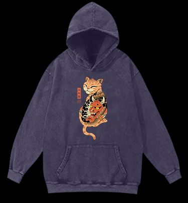 Tattooed Cat Vintage Washed 100% Cotton Hoodie