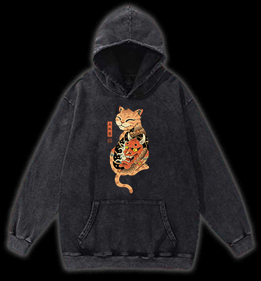 Tattooed Cat Vintage Washed 100% Cotton Hoodie