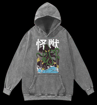 Green Cthulhu Terror Vintage Washed 100% Cotton Hoodie