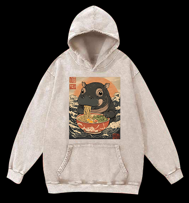 Hippo's Ramen Feast Vintage Washed 100% Cotton Hoodie