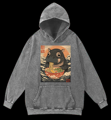 Hippo's Ramen Feast Vintage Washed 100% Cotton Hoodie