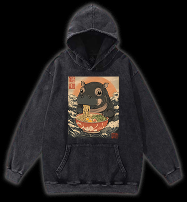 Hippo's Ramen Feast Vintage Washed 100% Cotton Hoodie