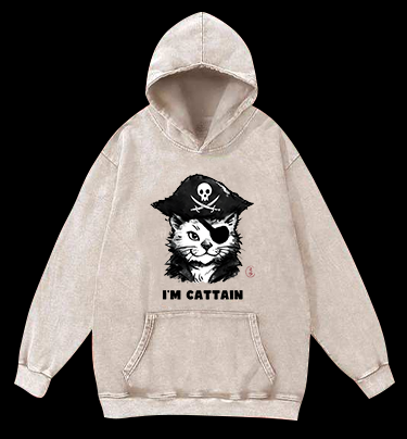 Pirate Cat Vintage Washed 100% Cotton Hoodie
