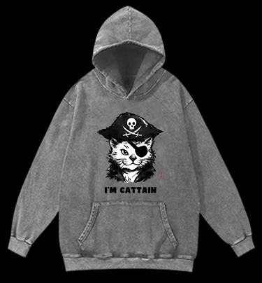 Pirate Cat Vintage Washed 100% Cotton Hoodie