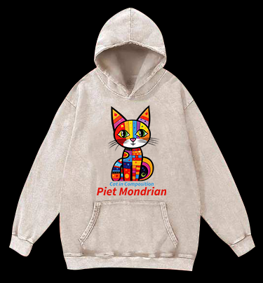 Cat: Piet Mondrian Vibe Vintage Washed 100% Cotton Hoodie