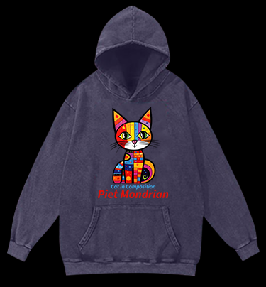 Cat: Piet Mondrian Vibe Vintage Washed 100% Cotton Hoodie